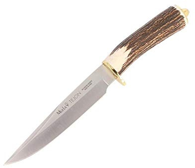 Muela Cuchillo de caza TEJON-16 hoja de acero inoxidable MoVa de 16 cm y empuñadura de asta de ciervo para Caza, Pesca, Supervivencia y Bushcraft + Portabotellas de regalo