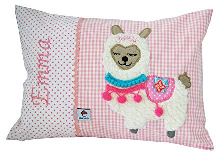 Glückspilz Namenskissen Babykissen I Lama Alpaka I mit Namen personalisiert I Geschenk zu Geburt, Taufe oder Geburtstag I Rosa (40 x 60 cm)