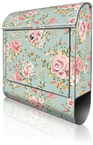 banjado Design Briefkasten personalisiert 38,5x46,5x13cm & 2 Schlüssel - Briefkasten Stahl Weiß Zeitungsfach pulverbeschichtet - Postkasten A4 Einwurf inkl. Montagematerial - Motiv Altrosa Blume