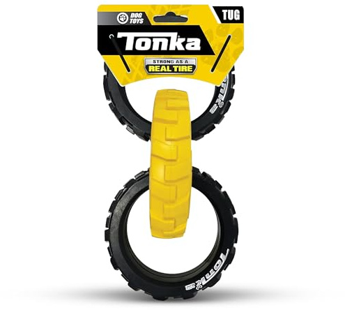 Tonka 3-Ring Tug Outdoor Dog Toy, 10.5 Inch Ring Dog Tug Toy for Medium and Large Breeds, Black/Yellow