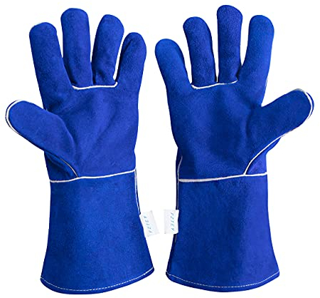 FZTEY Heat Resistant Fire Proof Guant, Welding High Temperature Gloves, Stove Long Leather Welders Thermal Gauntlets For BBQ,Mig,Log Burner, Woodburning,Fireplace (Blue)