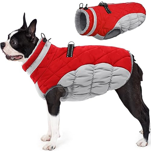 AOFITEE Hundemantel für Mittelgroße Hunde, Warme wasserdichte Hundejacke mit Geschir, Reflektierende Fleece Winddichter Wintermantel Hund für Kaltes Wetter, Hundemantel Französische Bulldogge, M Rot