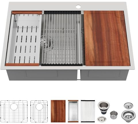 Logmey 33x22 Drop in Kitchen Sink,60/40 Double Bowl with Low Divide & Ledge Workstation,16 Gauge Stainless Steel Dual-Basin Separation for Multi Tasking