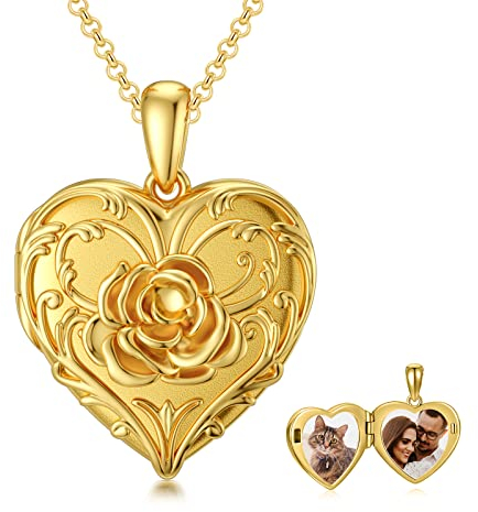 SOULMEET Solid Gelbgold/Sterling Silber personalisierte Rose Herz geformt Medaillon Halskette, die Bilder Fotos für Frauen Mädchen hält