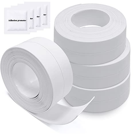 Senbaler 4 Rollos Cinta Sellado Impermeable Autoadhesiva, PVC Selladora Resistente al Agua para Baño, Ducha, Bañera, Fregadero de Cocina (Blanco)