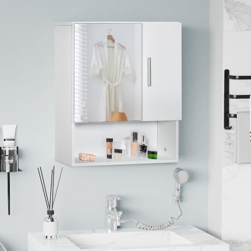 kleankin Armoire Murale Miroir avec Portes 54L x 15,2l x 55,3H cm Blanc