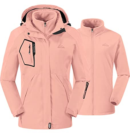donhobo Damen Jacken 3-in-1 Fleece Gefüttert Winterjacke Winddicht Warm Verdickte Softshelljacke Wasserdicht Outdoor Wanderjacke Funktionsjacke Pink L