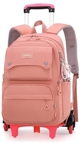 LANSHIYA Solid Color Girls Rolling Backpack with Wheels Schoolbag Elementary School Student Trolley Daypack