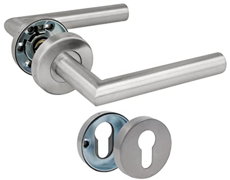 Amig - Türdrücker-Set mit Rosette Mod. 7RBX - Türgriffe aus Edelstahl - Für Innen- und Außentüren - Ergonomische Handkurbel - Inkl. Schrauben - Türklinke Außentür - Silber, 35/45, Edelstahl