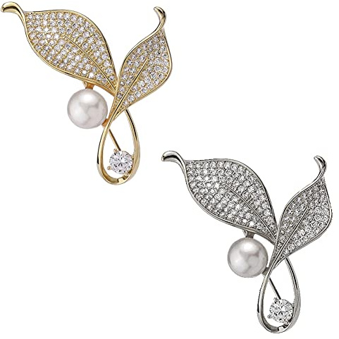 CAREOR 2 Stück Blätter Elegante Brosche Pin Kunstkristall Strass Kragen Sicherheitsgravur Metall Anstecknadel Schmuck für Frauen Mädchen Kleidung Zubehör Gold und Silber, 1.57 x 1.18