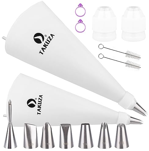 TAKUZA Juego de 15 mangas pasteleras profesionales con boquillas, 2 mangas pasteleras de algodón de 30 y 35 cm, 7 boquillas grandes, para decoración de tartas, galletas