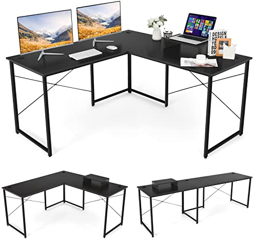 COSTWAY Escritorio de Ordenador en Forma de L, 3 Orificios para Cables, Estante Extra, 2 Formas, Mesa de Trabajo de 2 Personas，Mesa Escritorio Esquina Gaming, 240x60x74cm (Negro)