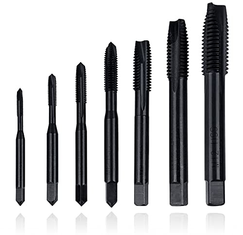 Mesee 7 Stück Maschinengewindebohrer, HSS Gewindenachbohrer set, Metric Tap, Gerade Nut, Maschinengewindebohrer, für Durchgangslöcher M3/M4/M5/M6/M8/M10/M12- Schwarz