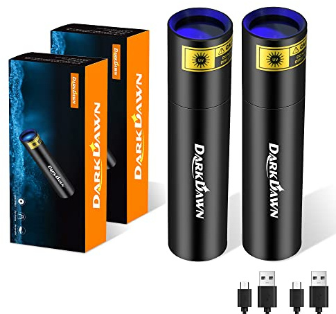 DARKDAWN UV Torch 365nm Black Light Mini Flashlight USB Rechargeable, Woods Lamp Portable LED Ultraviolet Pocket Blacklight, Pet Urine Detector, Stains, Money, Amber, Uranium, Leak Detection, 2 Pack