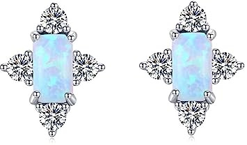 Bellitia Jewelry Pendientes de Botón de Ópalo Chapados en Oro/Oro Blanco de Plata de Ley 925 de Corte Rectangular para Mujer, Aretes de Ópalo Azul & Diamante CZ