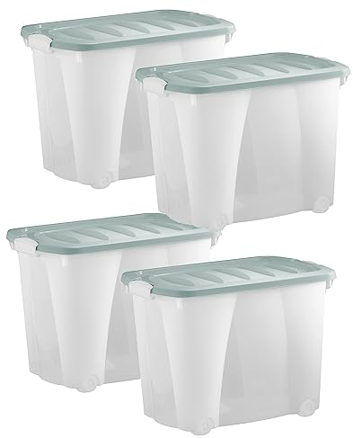 Aufbewahrungsbox 60L mit Deckel farbig , Rollen & Clipverschluss B60xT40xH44cm Kunststoffbox Stapelbox Spielzeugkiste Lager Box transparent stapelbar Stapelboxen für Kleidung Spielzeug Aufbewahrung