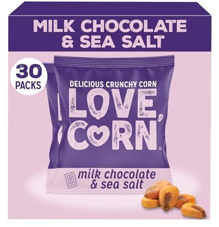 LOVE CORN Milk Chocolate & Sea Salt Crunchy Corn (30 x 15g) - High Fibre Snack, Gluten-Free, Kosher, Healthy Chocolate Treat, Lunchbox Snack, Gourmet Graze, Made in UK