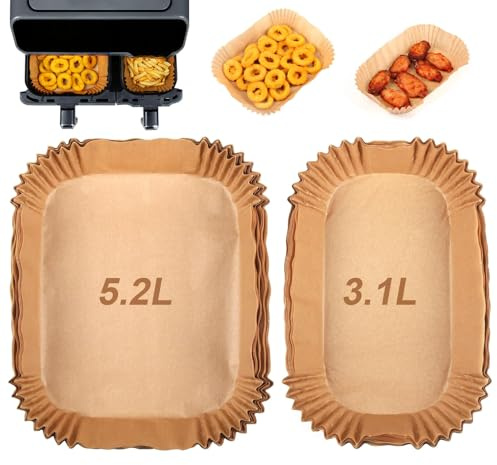 GINOYA 100PCS Backpapier für Philips Dual Basket Airfryer 3000/5000 Serie(NA350/NA550) Dual Basket, Airfryer Zubehör für Tefal EY9018 Dual Easy Fry 5,2/3,1 L