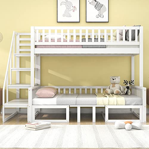 Platzsparendes Etagenbett mit Treppe, Tisch und Sofa, Holz, Weiß, 90x200 cm & 120x200 cm, Kinderbett mit Sicherheitsgitter und Lattenrost