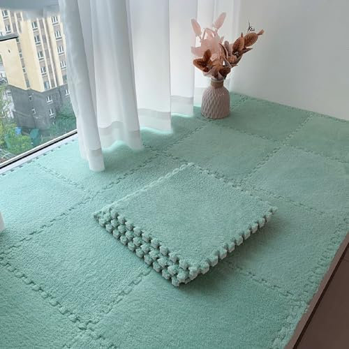 LULUMAIC 10 Stück weiche Puzzle-Schaumstoff-Bodenmatte, quadratische ineinandergreifende Teppichfliesen, Plüsch-Spielmatte, Spielzimmer, Schlafzimmer, 30,5 und 61 cm (grün, 30,5 x 30,5 x 0,99 cm)