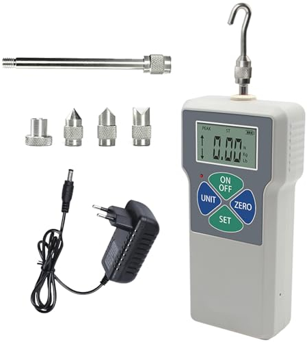 Digitaler Kraftmesser Set 500N, Tragbares Druck- und Zugmessgerät Kraftmessgerät mit 6 Prüfkopf und Tragetasche, Einheiten (N, kg, lb)