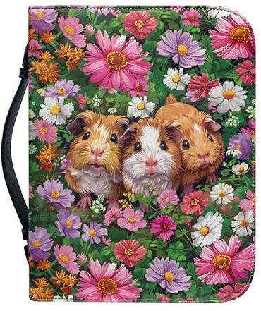 Kuiaobaty Niedliche Meerschweinchen-Buchhülle für Mädchen, Kunstleder, Buchschutz, Organizer für Bibel, Frühlingsblumen, Bibelhülle mit Griff