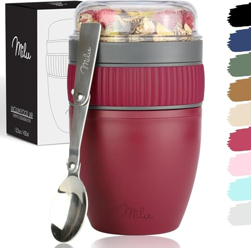 Milu Pot de céréales à emporter 400ml I Pot de yaourt en plastique pour les céréales I anti-fuite avec cuillère pour le yaourt/porridge (Berry)