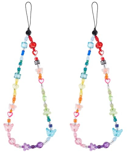 GORGECRAFT 2Pcs Butterfly Phone Charm Lanyard Chain Colorful String Rainbow Resin Cell Phone Wrist Strap Beads Flowers Heart Lanyard Accessories Cute Lightweight Key chain for Women