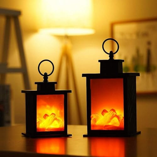 Mini lanterne de cheminée, cheminée artificielle avec poignée de transport et de suspension, lanterne de cheminée de table sans flamme, lampe LED, lanterne en bois, effet de feu pour la décoration