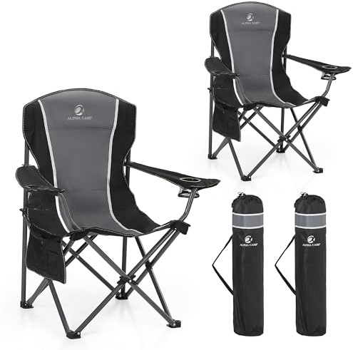 ALPHA CAMP Camping Chairs Set of 2 for Adults Heavy Duty Camping Chair Grey | Folding Camping Chair with Cup Holder & Side Pocket, High Back Camping Chair Up to 160kg, Foldable And Portable