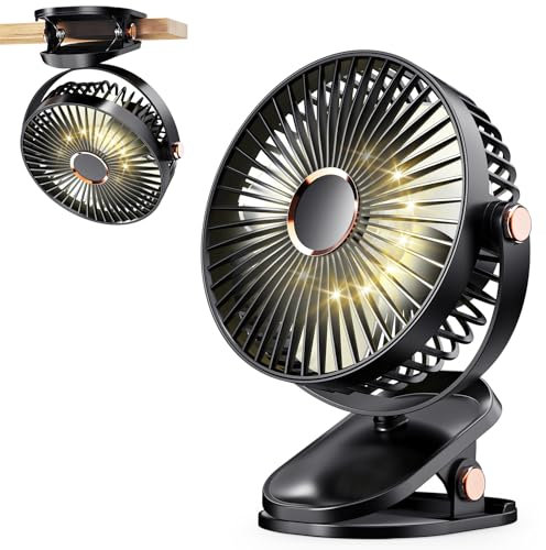 iNeibo Portable Clip on Fan with LED Lights, 4000mAh Battery Operated USB Desk Fan, 4 Speed,720° Rotation, Quiet Rechargeable Mini Table Fan for Home Office Stroller Camping (Black)