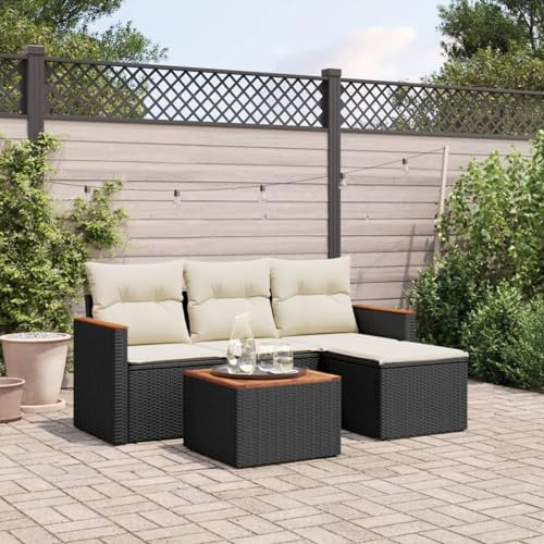 IKAYAA 5-TLG Rattan Gartenmöbel Set mit Stauraum Gartenlounge Outdoor Gartenmöbel Klein Balkonmöbel Terrassenmöbel außen Ecklounge Balkonlounge Schwarz und Creme Type-39
