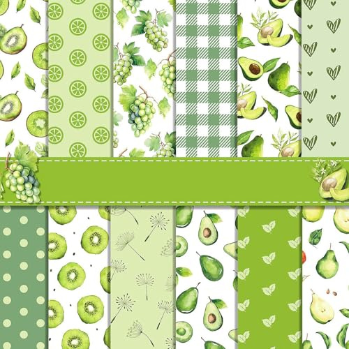 Scrapbook Papier Sommer Scrapbook Bastelpapier mit Obst Muster, 24 Blatt Scrapbooking Papier Frucht Motivpapier, Doppelseitiges Dekorpapier mit Erdbeere Zitrone Muster (Grün, 30x30)