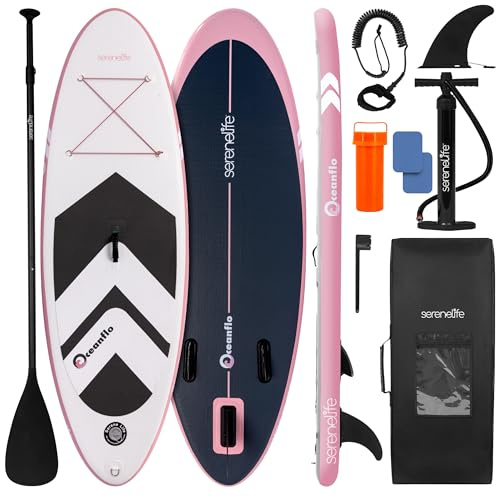 SereneLife 7'9 uppblåsbar stand up paddleboard för barn – SUP för ungdomar med enkelverkande pump, justerbar paddel och ryggsäck – 30” bred stabil design med halkfri EVA-däckmatta, 200 lbs kapacitet
