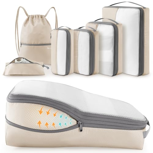 kookoomia 6 Teilige Kompression Koffer Organizer Packing Cubes Compression Packwürfel Set Kleidertaschen Packtaschen Kofferorganizer Reiseorganizer für Koffer Rucksack (Beige)