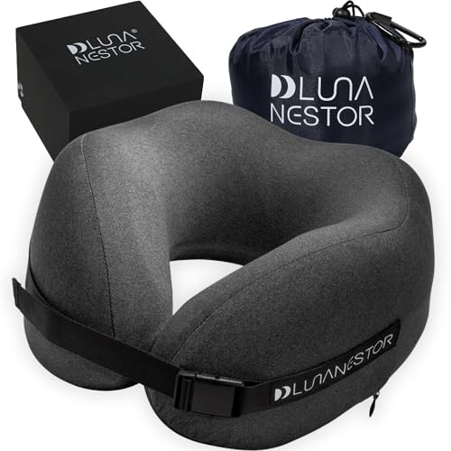 LunaNestor® Memory Foam Nackenkissen für Flugzeug, Auto, Zug & Reise | 360° Halt für mittlere bis breite Nacken – Ergonomisches Reisekissen, waschbar, mit Transporttasche (Grau)