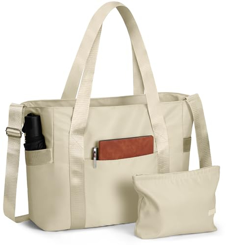 SKCOYH Shopper Tasche Damen, Arbeitstasche Damen Groß Wasserdicht mit Reißverschluss & Laptopfach, Handtasche Damen für Uni, Schule, Alltag (Beige)