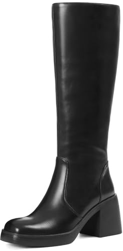 Women Knee High Boots Faux Leather Platform Chunky Square Toe Heeled Side Zipper Fall Wide Calf Black Long Tall Boots for Women Size 7.5