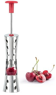Stainless Steel Cherry Pitter Tool,Press-Type Fruit Corer with Silicone Pad for Cherries, Olives & Dates - Portable Seed Remover for Kitchen & Travel (Red)