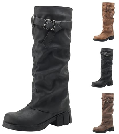 Stivali da donna western con punta tonda - Stivali al ginocchio da donna ribaltabili - Stivali da cowboy con fibbia, a maniche lunghe, in pelle scamosciata, stivali alti da infilare, stivali gotici