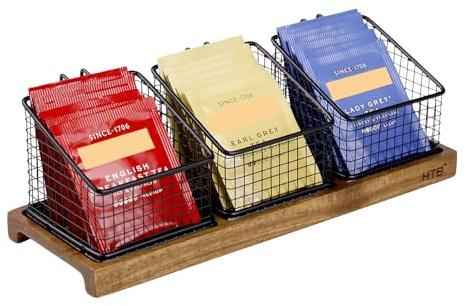 HTB Tea Organizer for Tea Bags | Tea Bag Holder with Acacia Wood Stand and 3 Removable Metal Basket for Sugar Packets, Sweeteners, Creamers for Cabinet