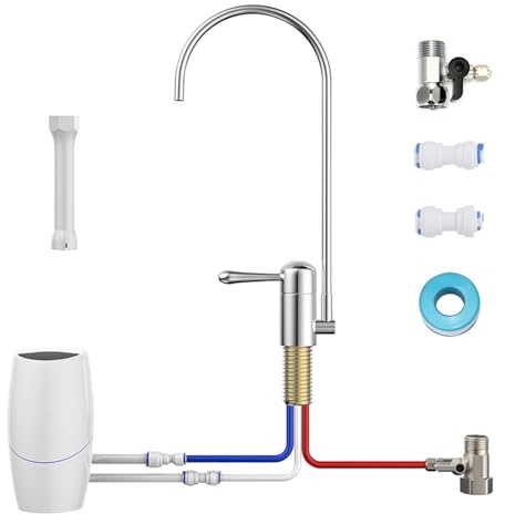 Wasserhahn, Ein-Weg-Wasserhahn Kompatibel mit Amway Espring Wasserreiniger mit Zubehör-Kit, Montagehülse, Rohband und Zwei Schnellanschluss, 360° Drehbar Druckloser Wasserhähne für Osmoseanlage