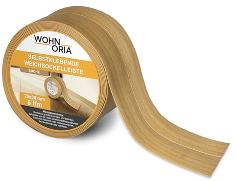 WOHNORIA Weichsockelleiste Selbstklebend 5m 20x30 mm | Farbe: BUCHE | Flexible Abschlussleiste für Küche, Arbeitsplatte, Wand & Boden | Sockelleisten | Kantenschutz | Wandabschlussleiste