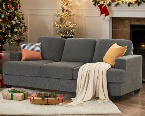 AMERLIFE Modern 3-Seater Sofa, 89 Inch Extra Deep Couch with Plush Cushions. Ultra-Comfortable Grey Chenille Fabric for Living Room & Apartment.