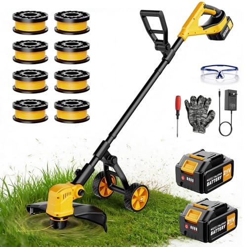 Decespugliatore a Batteria da 14 Pollici, Decespugliatore con Ruote da 20.000 giri/min, 2X3000mAh Batteria, Decespugliatore Leggero 3 in 1 con Bordatore e Tagliaerba, Dotato di 8 Bobine per Giardino