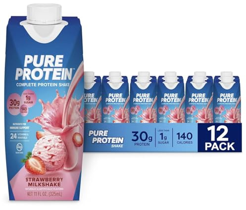 Puro Proteico Frullato, Bevanda Proteica a Basso Contenuto di Zuccheri con Vitamine e Minerali, Senza Glutine, Frappè alla Fragola, Confezione da 12 (325 ml)