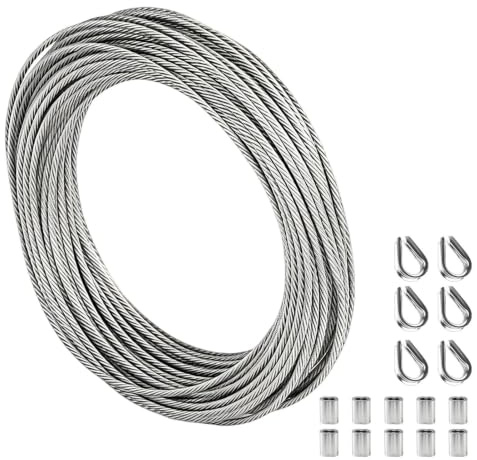 304 Stainless Steel Wire Rope Kit 2mm x 10m Garden Wire Rope Cable | 7x7 Strand Core, Aluminum Crimping Loops, PVC Coated, Heavy Duty Rust-Resistant, for Climbing Plants Picture Hanging DIY