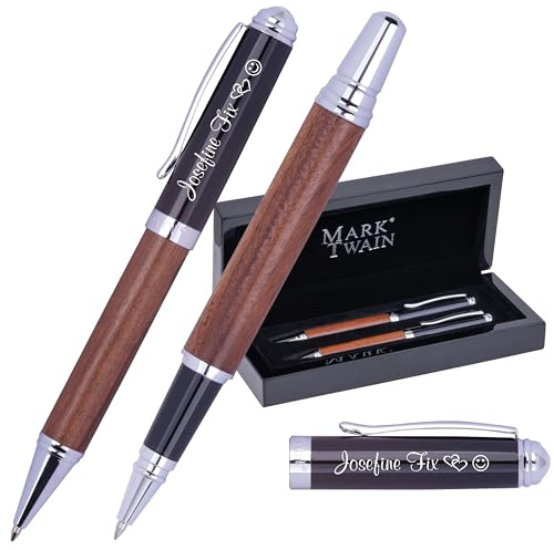 Schmalz Mark® Twain Holz Schreibset LORENZO – Geschenkset mit Kugelschreiber & Tintenroller aus Metall – Edles Stifte Set für Damen & Herren, ideal als Geschenk & für Büro, personalisierbar