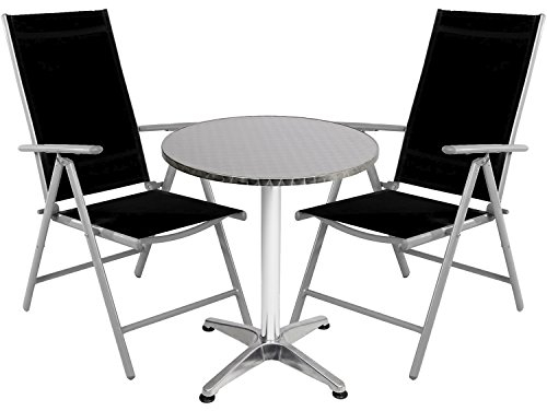 Mojawo® - Bistrogarnitur - 3-teilig - Bistrotisch Glas/Metall Rund 60cm Höhenverstellbar 75/115cm Silber + 2 Hochlehner/Positionsstuhl Klappstuhl Aluminium/Textilen Silber/Schwarz