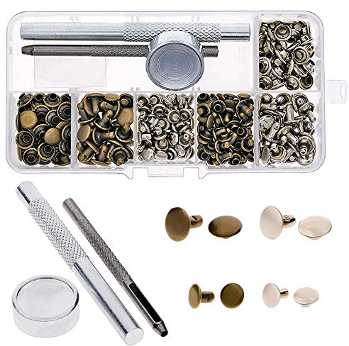 Remaches de cuero de doble tapa remache tubulares de metal de 6 mm y 8 mm con 3 herramientas de fijación para reparación de cuero (plata y bronce, juego de 120)